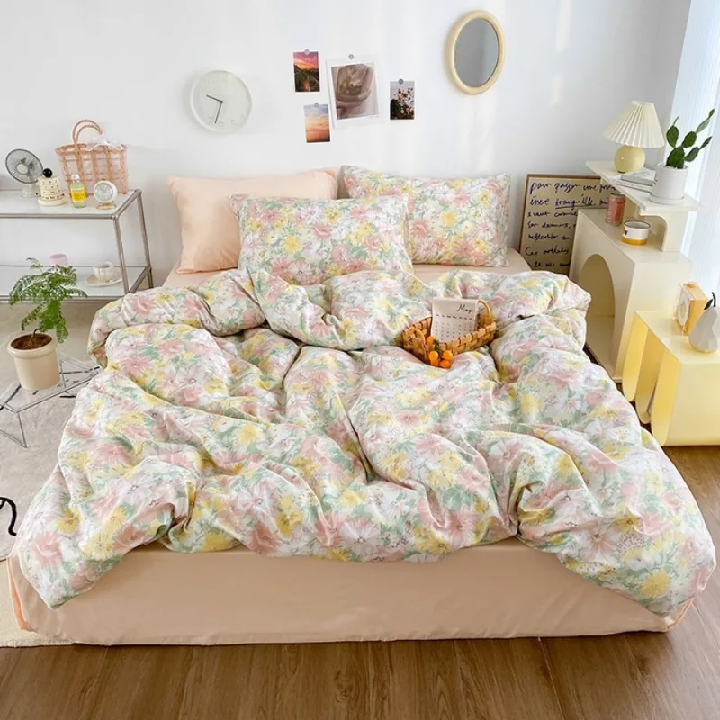 

Fresh pastoral style bedding cotton pure cotton yellow quilt cover mattress bedding three-piece set cotton four-piece set