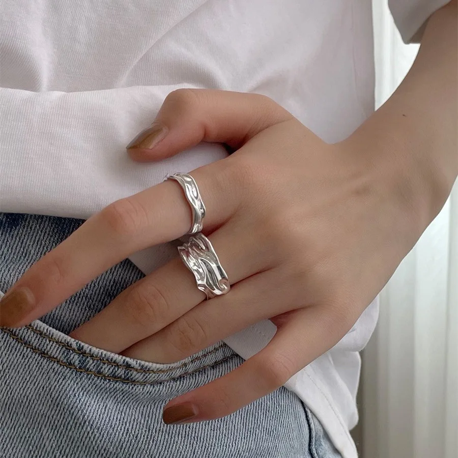 REETI 925 Sterling Silver Punk Index Finger Ring with Concave and Convex Openings for Women Jewelry Adjustable Ring for Gift