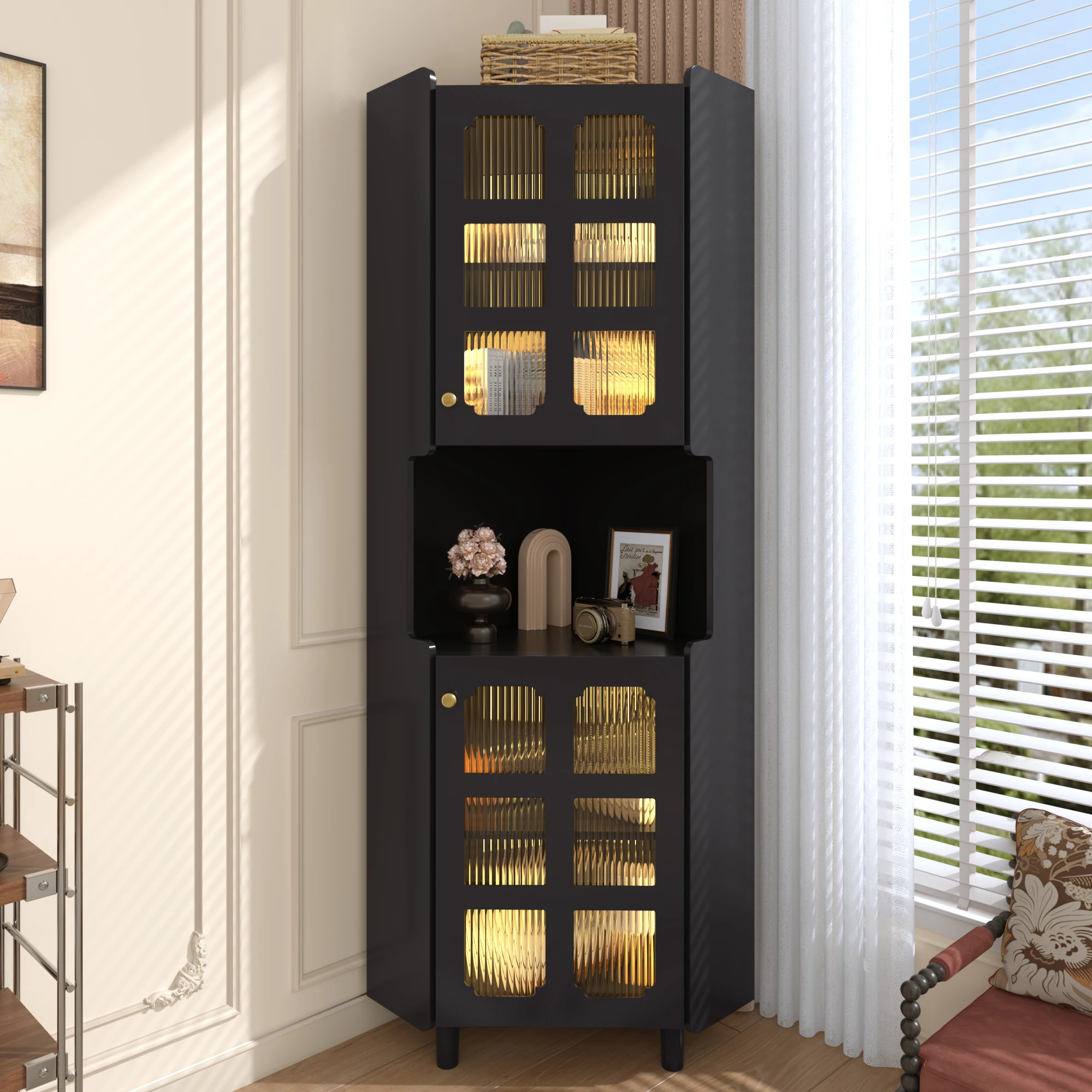 Meuble d'angle noir moderne avec finition laquée brillante et éclairage LED contrôlé par application, rangement 3 zones avec 2 armoires à portes vitrées et étagère ouverte, unité d'étagère d'angle en MDF pour salon, chambre, salle de bain, bureau à domicile