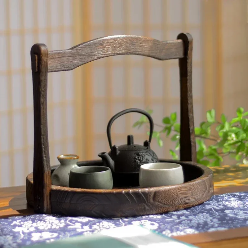 Round Wood Tea Tray with Handle Solid Wood Vintage Basket Fruit Tray Hotel Homestay Decorative Tea Ceremony