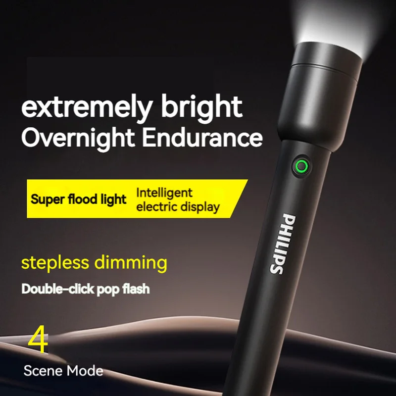 Philips Flashlight High Power with Type-C Charging 18650 Battery 4 Lighting Modes LED Flashlight Camping Light for Self Defen