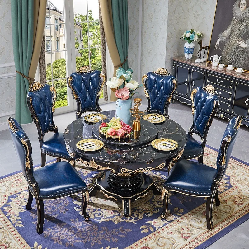 European Luxury Classic Dining Room Furniture Table Set French Royal Carved Solid Wood Marble Dining Table With 6 Leather Chairs