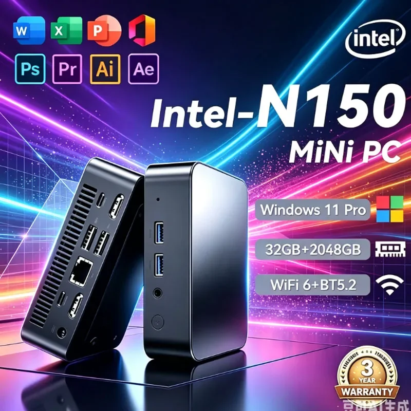 MINI PC Intel N150 Windows 11 Pro Portable Gaming PC 16GB 32GB RAM 1TB 2TB SSD Mini PC Computer Office Gamer Wifi6 BT5.2 Desktop