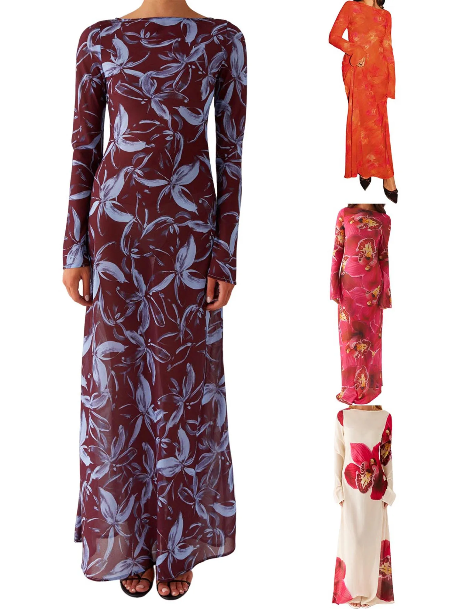 Women s Boho Style Maxi Dress Off Shoulder Ruffle Sleeve Floral Print Beach Dress for Summer Vacation Party Wear