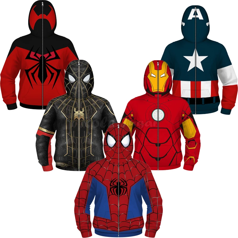 Anime Spiderman /Iron Man Full Zipper Hoodies Cosplay Costume Kids Boys Girls Superhero Cartoon Print Hooded Sweatshirts Outwear