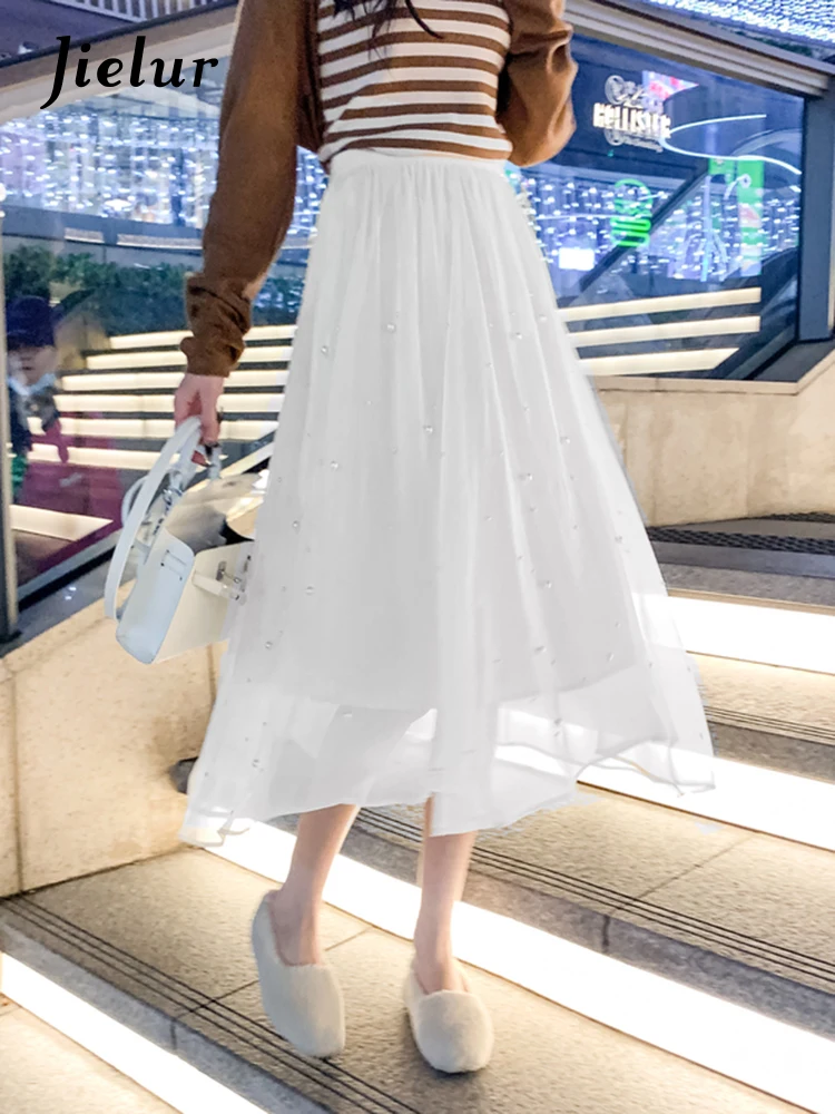 

Jielur Spring Summer New Beaded Half Skirt Women's Chiffon Fairy Slim Waist Long Female Skirts Simple Solid Color Ladies' Skirt