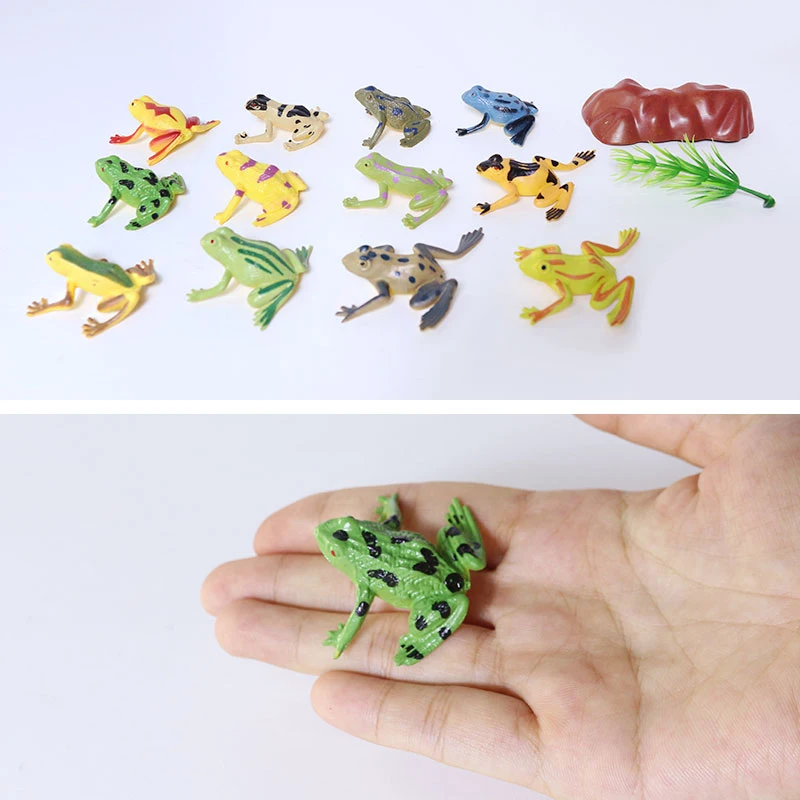 12pcs Mini Frogs,1 Grass and 1 stone Toy Set Small Realistic Frog Toy Decorations Frogs Rain Forest Lifelike Art Lawn decoration