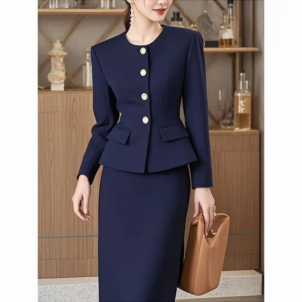 

RAIN YAN LIN Весенне-осенний новый элегантный костюм, женское пальто с круглым вырезом и длинными рукавами, топ + тонкая юбка-миди, офисный женский комплект из двух предметов