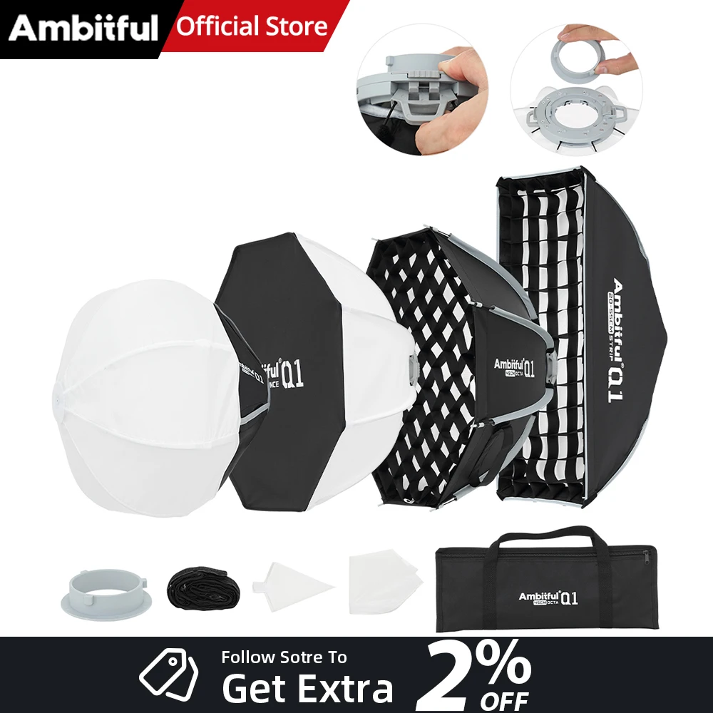 AMBITFUL Q1 Mini Softbox Octagonal de 30cm y 45cm con Montura Bowens/GODOX, Softbox de Tira de 20*55cm, Softbox de Rebote de 30cm y 45cm para GODOX