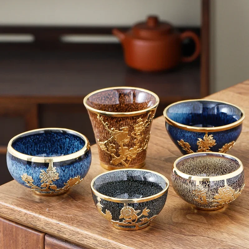 High-end Gold-inlaid Jade Master Cup Accompanying the Gift Kiln Transformed into Tea Cup Kung Fu Tea Set Portable Business Gift