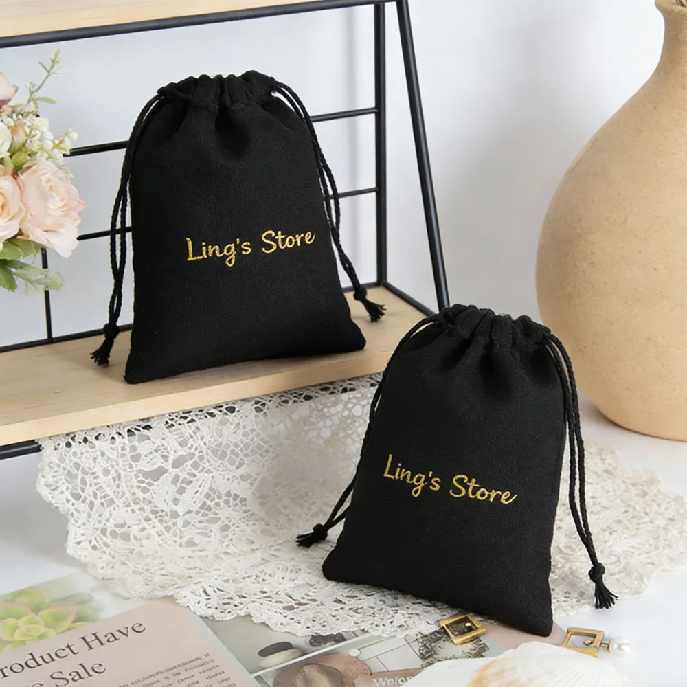 

50Pcs Personalized Logo Black Cotton Bag With Black Rope Drawstring Gift Jewelry Bag Cosmetic Rings Earrings Packaging Pouches