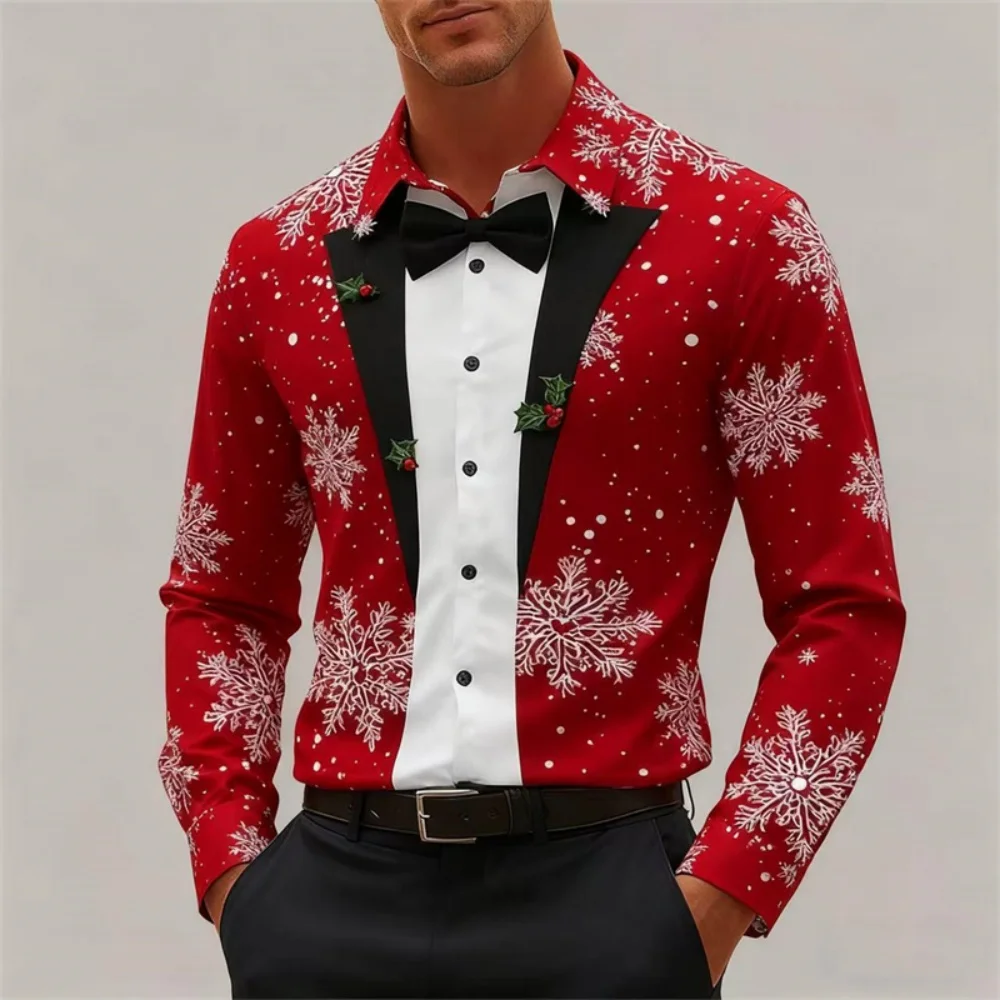 

Christmas Men's Snowflake Bow Tie Christmas Clothing Shirt Long Sleeve Fashion Casual Holiday Gift Shirt Button Lapel Clothing