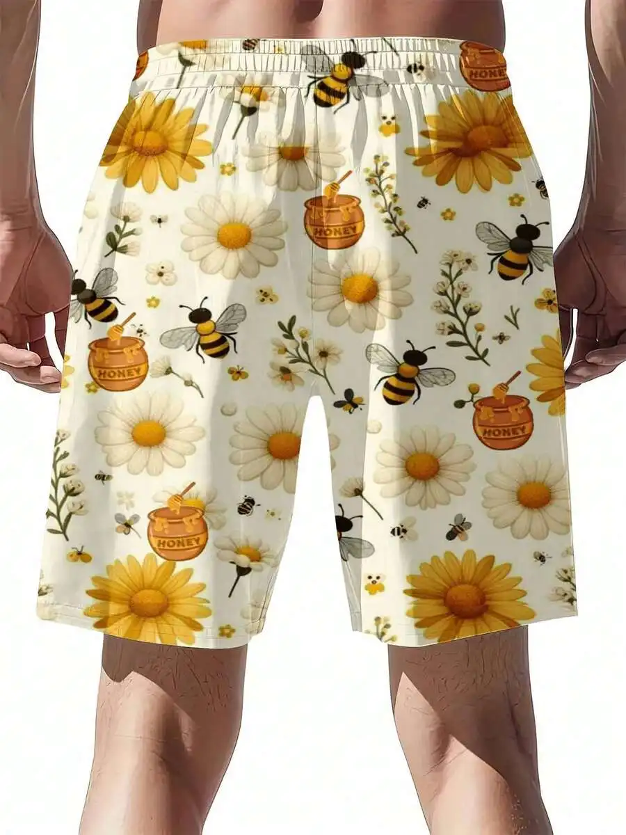 

Bee And Daisy Print Swim Trunks For Men Summer Beach Shorts With Honey Jar Design