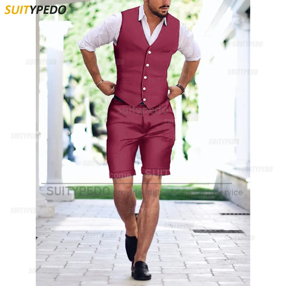 

Fashion Burgundy Waistcoat Shorts Set For Men Summer Beach Holiday Casual Suit Homecoming Tailor-made Male Slim Fit Outfits