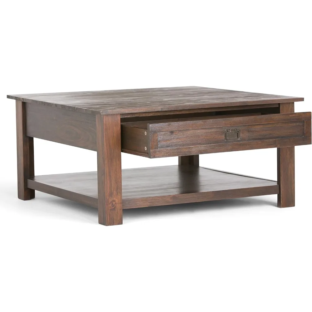 Monroe SOLID ACACIA WOOD 38 Inch Wide Square Rustic Coffee Table in Distressed Charcoal Brown, For the Living Room and Family R