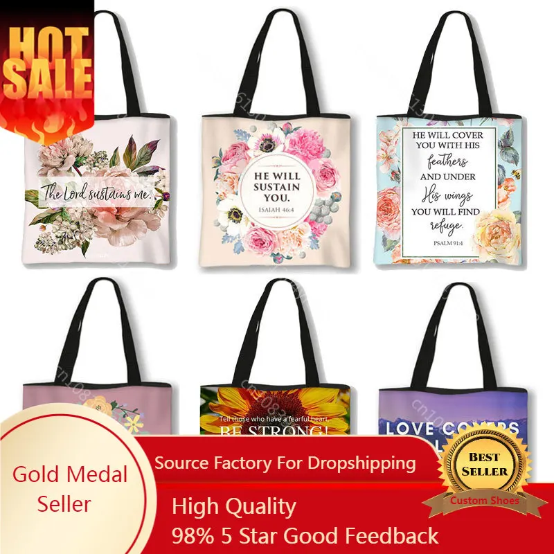 

Christian Bible Verse Print Handbag God He Will Sustain You Lady Shopping Fashion Shoulder Bag Girl Travel Tote Bag Gift