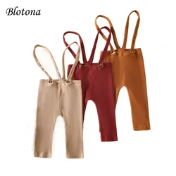 Blotona Infant Baby Suspender Trousers, Solid Color Ribbed High Waist Long Pants for Girls Boys, 3 Months-3 Years