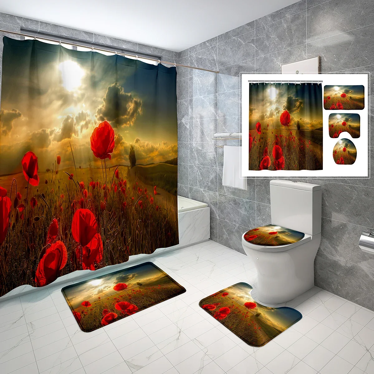 4 Pcs Poppy Flower Shower Curtain Sets Nature Sunset Clouds Sky Non-Slip Bath Mat Toilet Cover Waterproof Shower Curtain Set