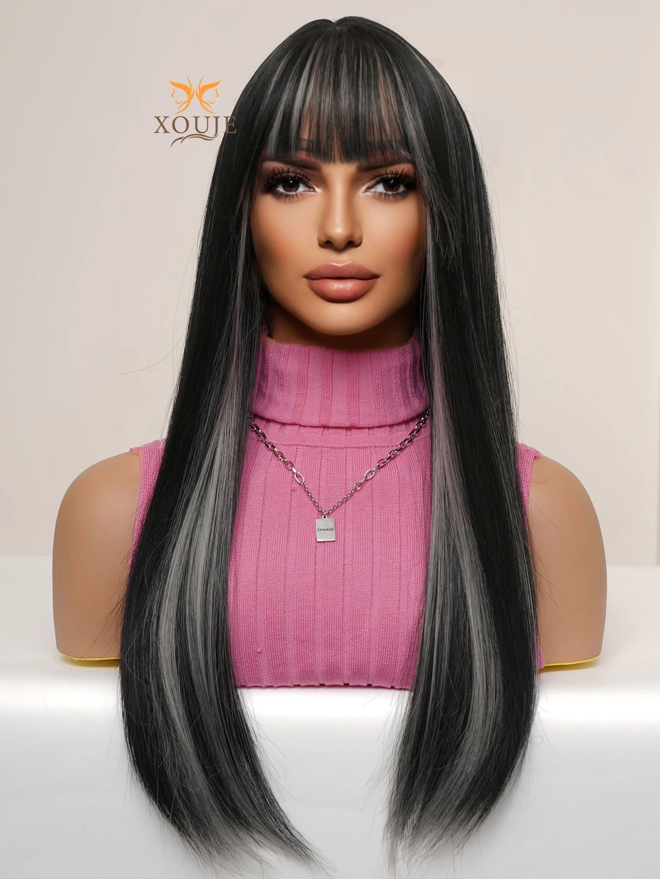 XOUJE Long straight hair black mixed pink synthetic fiber wig with bangs for attractive women suitable for daily cosplay use