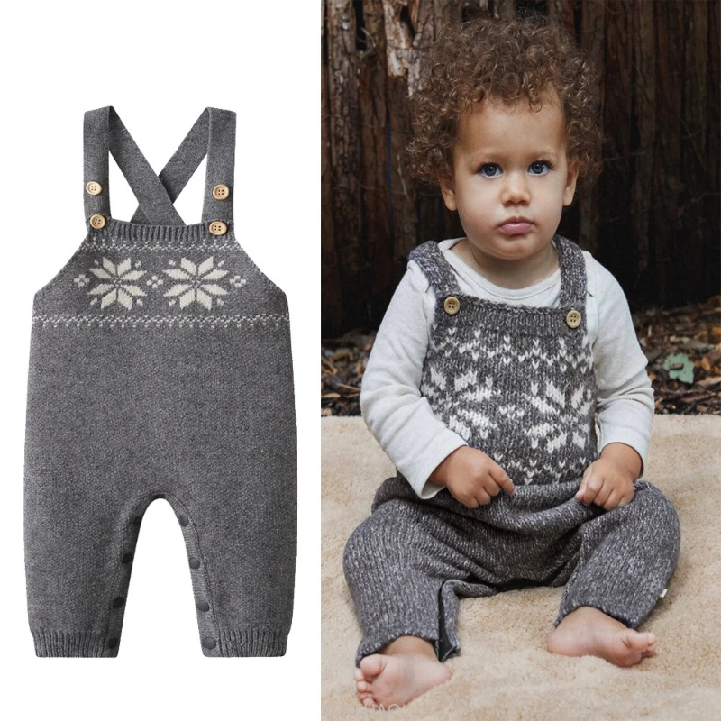 

2025 New Clothes Matching Winter Baby Overalls Thick Snowflake Knit Gray Jumpsuit Costume Children Warm Suspenders Kids Romper