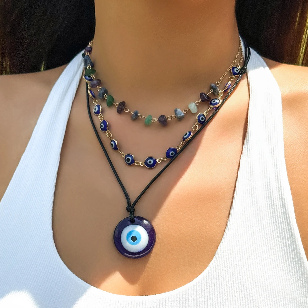 PuRui Bohemia Turkish Lucky Eye Pendant Necklace for Women Natural Stone Beaded Choker Jewelry On The Neck Collar Girls Y2K New