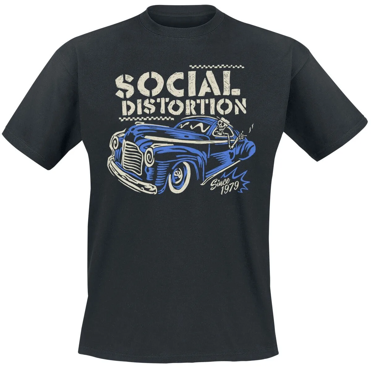 Camiseta masculina de algodão preta com estampa de esqueleto de carro vintage da Social Distortion, camiseta punk unissex