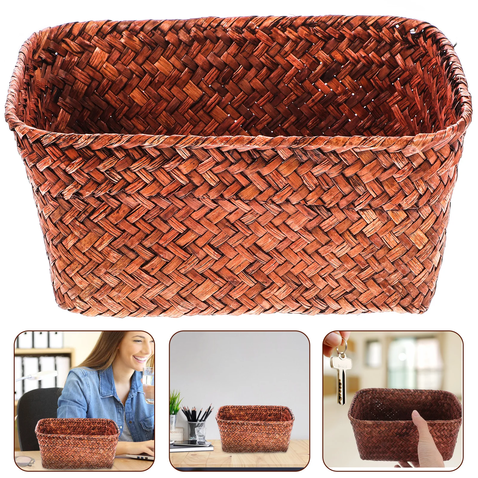 

1pc Seaweed Woven Storage Basket Desktop Organizer For Sundries Keys Wallet Home Living Room Kitchen Fruits Basket
