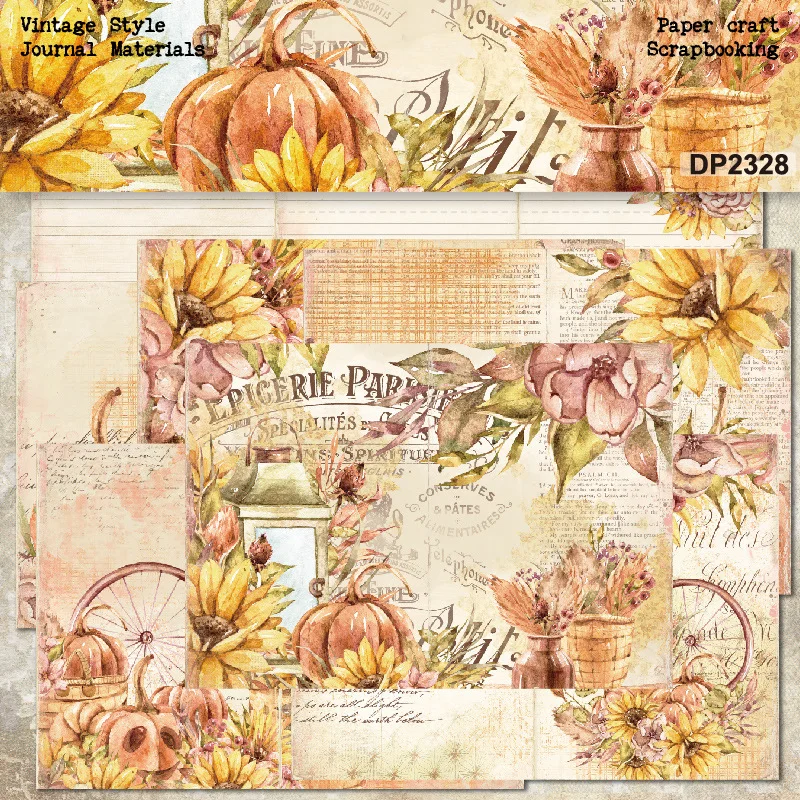 Vintage Autumn Pumpkin Sunflower Lantern French Script Scrapbook Paper Pad Collage DIY Craft Invitation Cardmaking Junk Journal