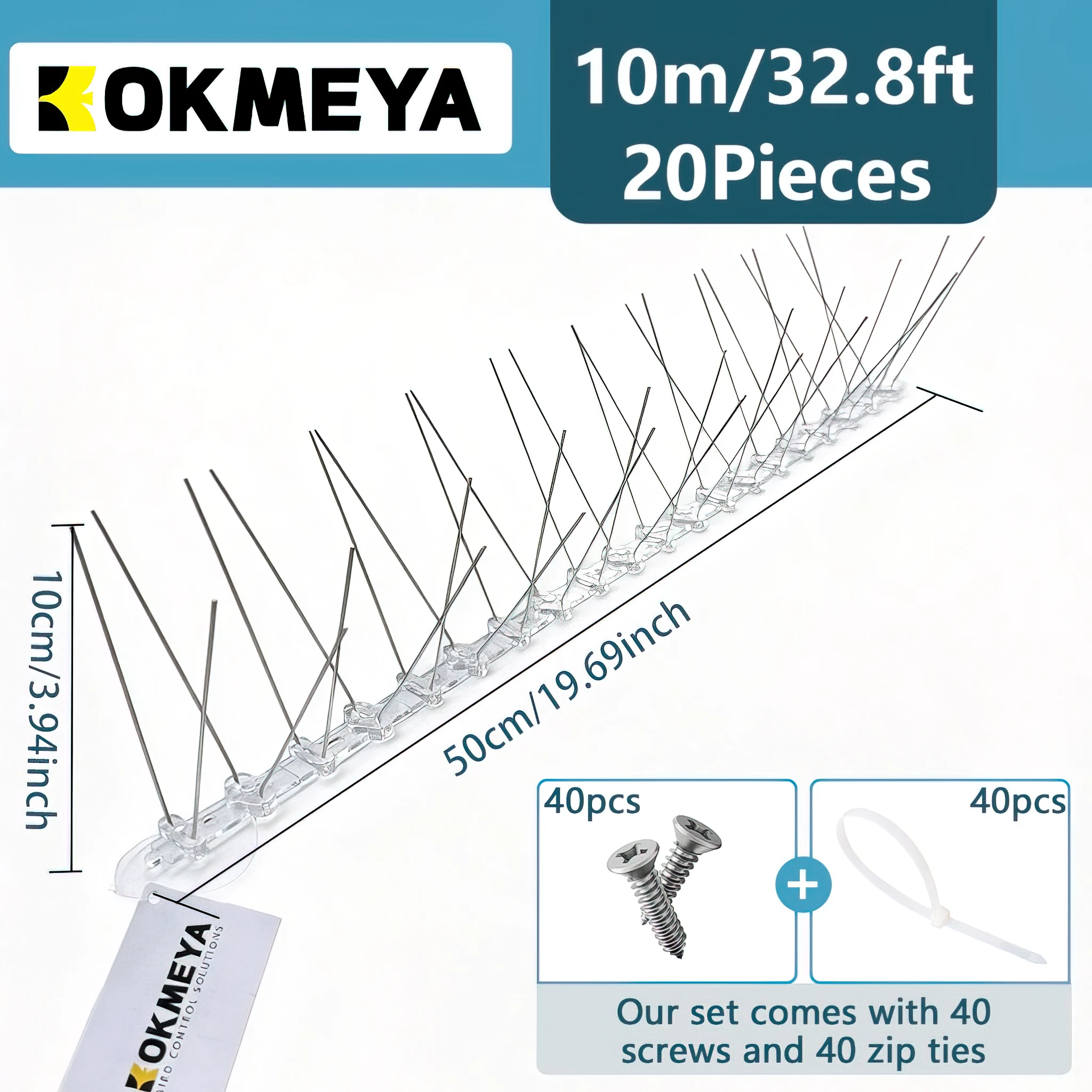 KOKMEYA Bird Spikes Stainless Steel Pigeon Deterrent Spikes with Flexible Polycarbonate Base for Roof Balcony Gutter Window Sill Fence Solar Panels Outdoor Bird Control