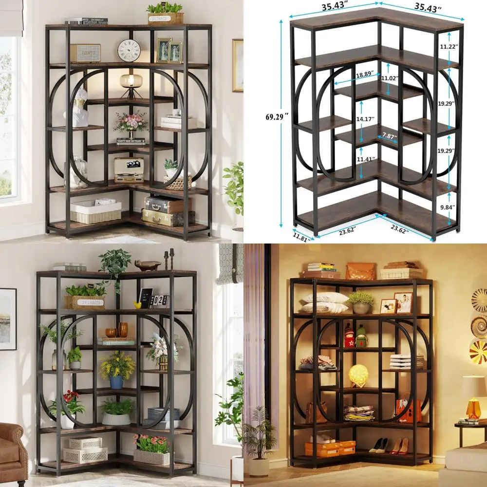 Large Modern 7-Shelf L-Shaped Corner Bookcase for Storage and Display