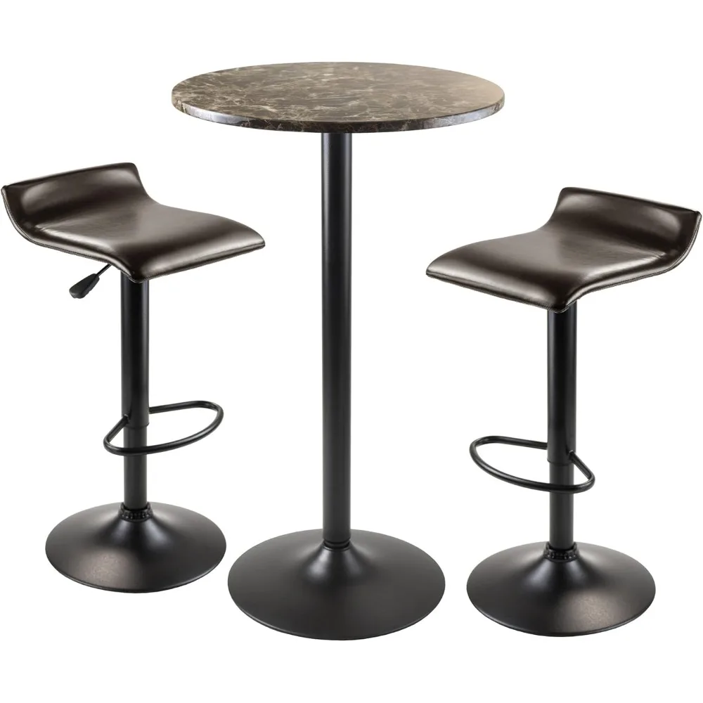 

3pc Pub Table Set with Faux Marble Top, Adjustable Swivel Stools - Brown Tones, Black Metal Base - Easy Assembly - 23.6" W x 23.