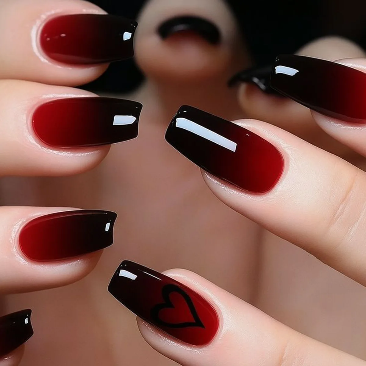 Short Medium fake nails for women girls gradient red pink heart for Valentine's Day sparkling tips press on false nail art set