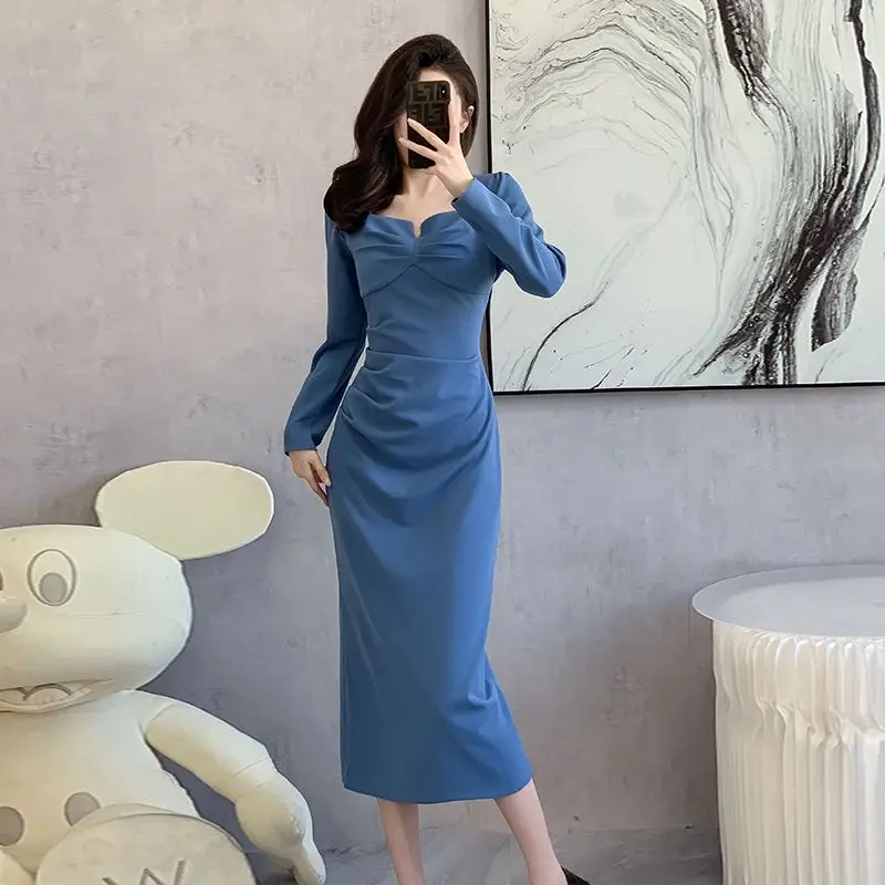 

Women's Spring and Autumn Temperament Dress 2023 New Fashion Elegant Wrinkle Wrapped Hip Slimming Solid Color Underlay Skirt