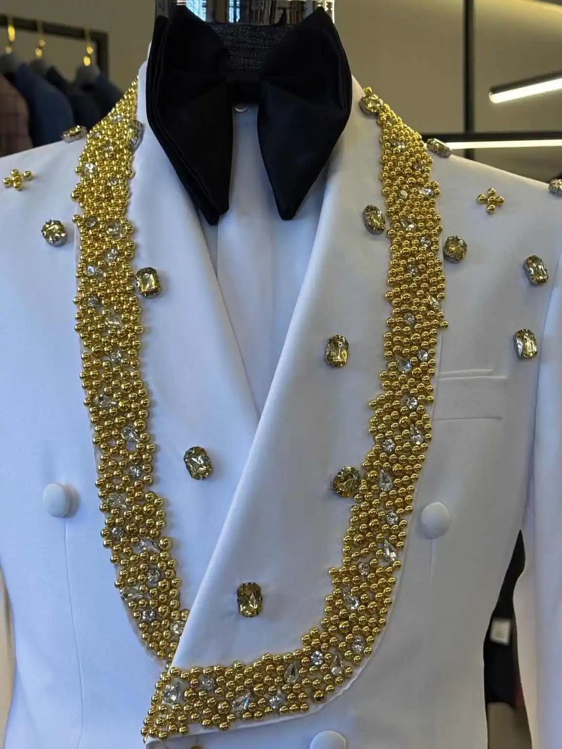 Ensemble de costumes pour hommes, cristaux exquis, Vintage, châle, revers, perles, Tuxedos, garçons d'honneur de mariage, veste à Double boutonnage, 1 pièce personnalisée