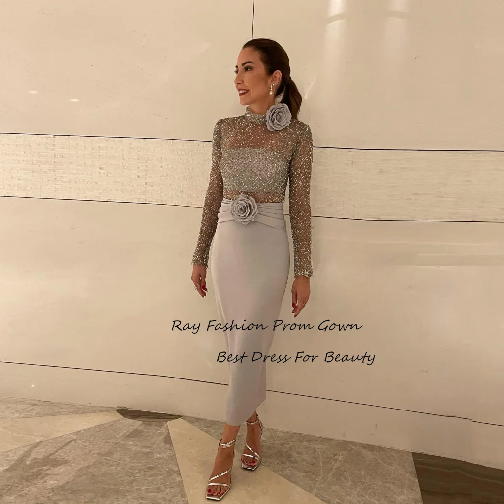 

Ray Fashion Mermaid Evening Dress High Neck Long Sleeves With Lace Flowers For Women Formal Occasion Party Gown فساتين سهرة