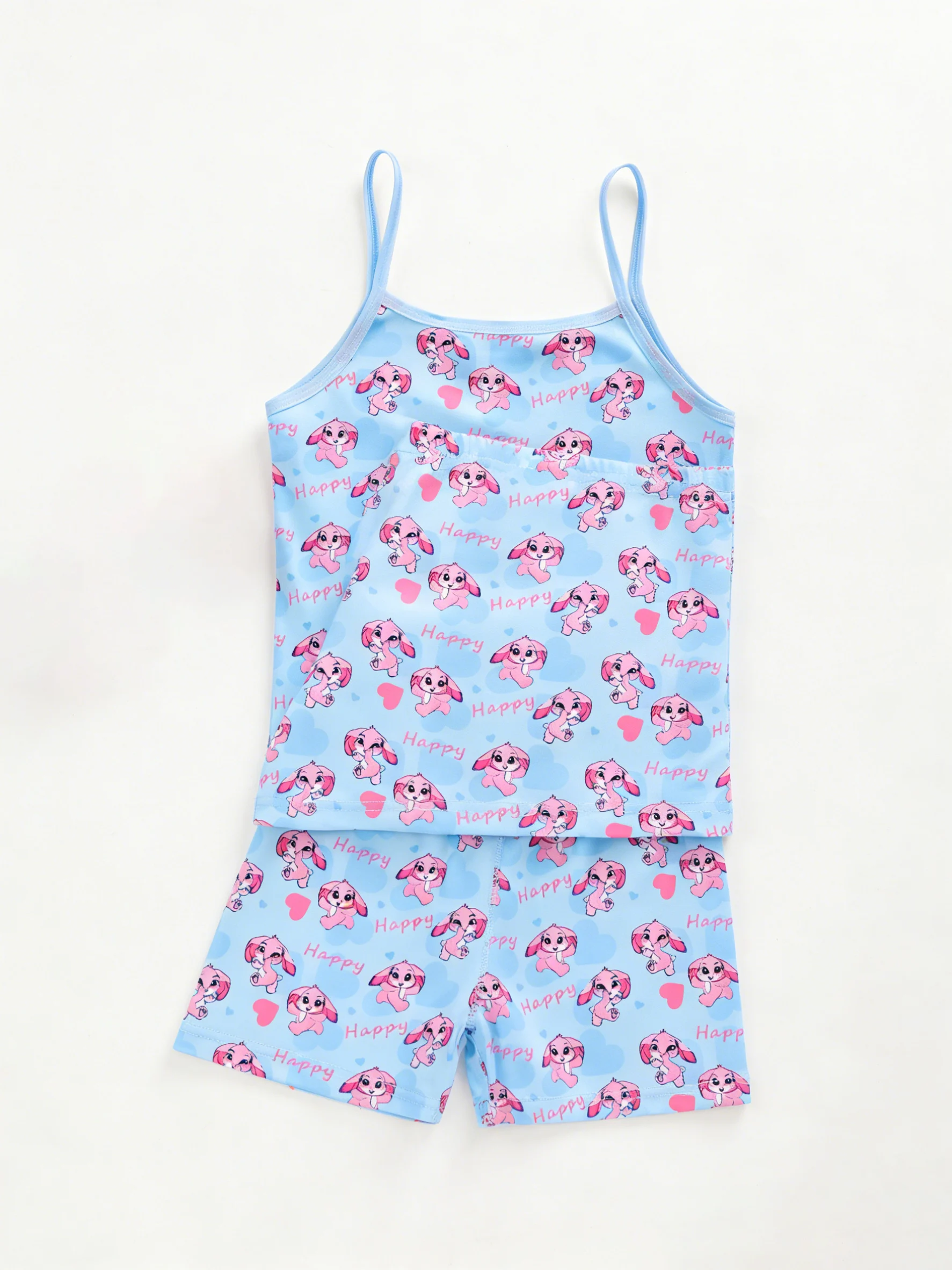 Little Girl's Pink Series Love Heart-Shaped Cute Rabbit Print Camisole Underwear Set with Soft Four-Piece Underwear Set Including Boxer Briefs