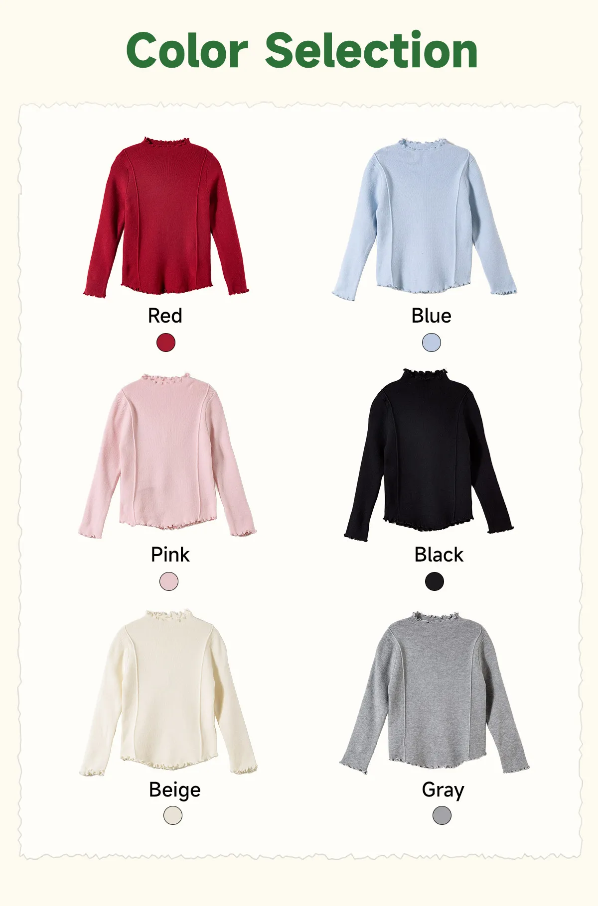 Amila Kids 2026 Winter Mädchen Strickshirt Top Grau Rosa Reisrot Schwarz Rüschen Halbhoher Kragen Weich Nicht hautverletzend – Detail 5