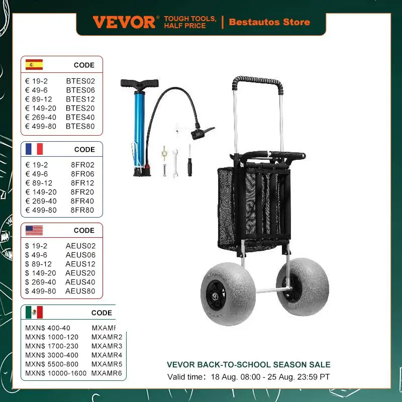 VEVOR-Chariot de Plage Pliable avec Grandes Roues pour le Sable, Plateau de Chargement de 29.9x15.4 Pouces avec Roue à Ballon de 12 Pouces, Capacité de Chargement de 165 Livres