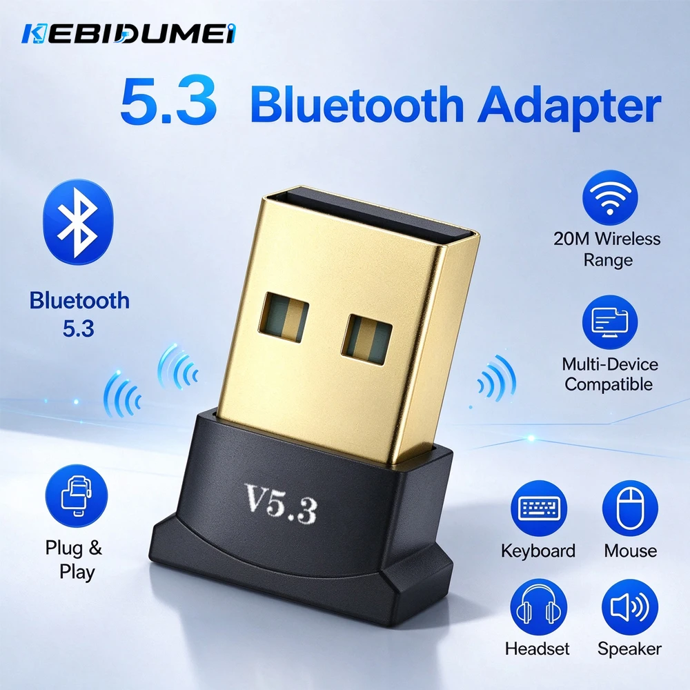 KEBIDUMEI Wireless Bluetooth 5.3 USB Bluetooth Adapter for PC Dongle Adapter Wireless Mouse Keyboard Receiver USB Transmitter