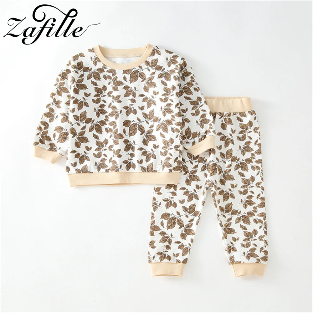 

ZAFILLE Girls Clothes Set Leaves Printed Top+Pants Spring Autumn Toddler Baby Costume Homely Cute Kids Boys Clothing Outwear