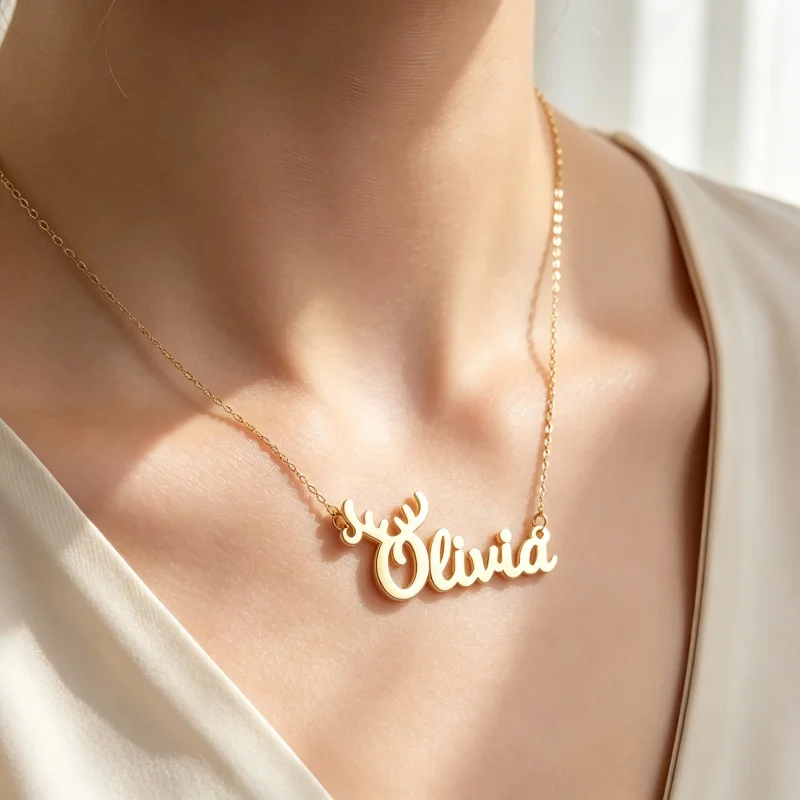 Custom Name Necklace for Women Personalized Deer Antler Cursive Script Nameplate Pendant Gold Color Chain Fashion Jewelry Gift