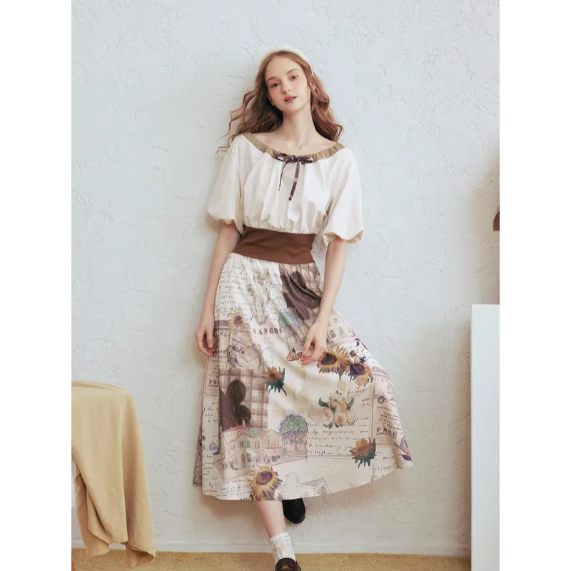 

Платье в стиле пэчворк с принтом ромашек в стиле Ван Гога и рукавами-фонариками