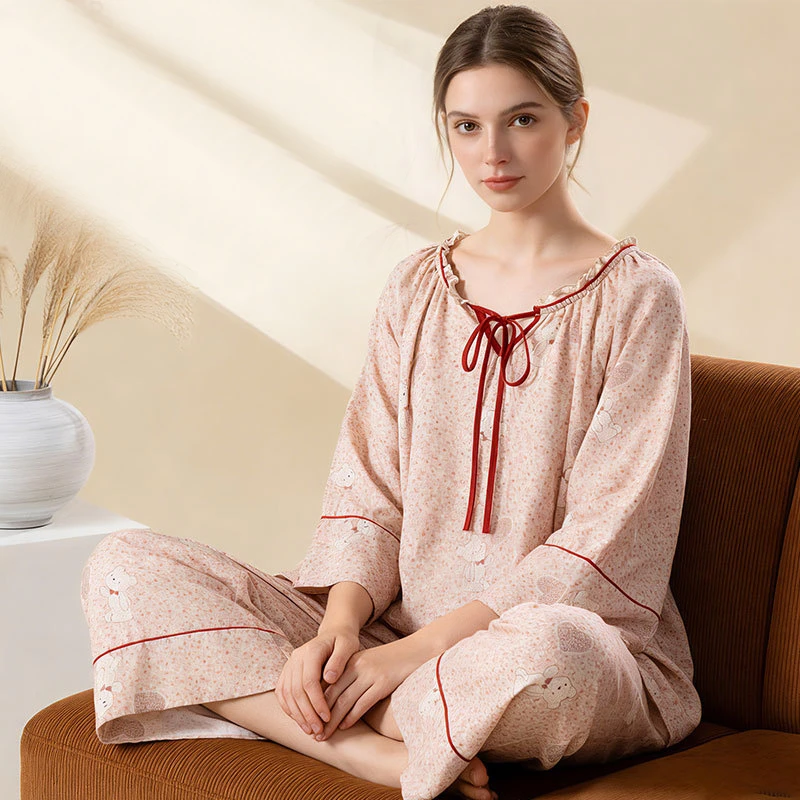 

Хлопковая пижама с цветочным принтом, женская ночная одежда, домашняя одежда, новинка весеннего сезона, ночная рубашка с длинным рукавом для женщин, комплект для отдыха.