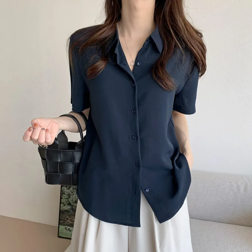 Elegant Summer Short Sleeve Chiffon Shirt Women's Simple Color Button Stand Collar Casual Top Skin-friendly Breathable