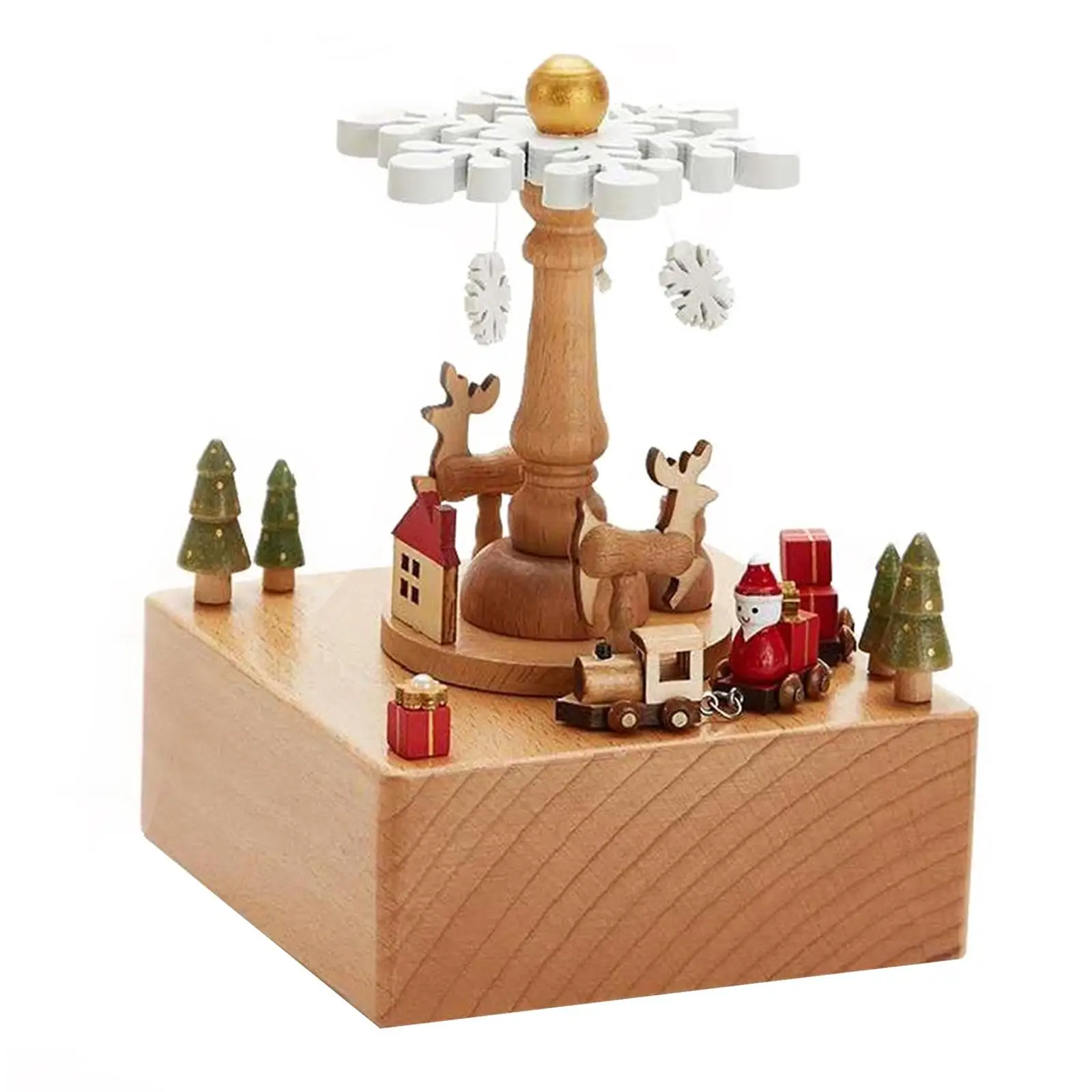 Christmas Music Box Wooden Carousel Mechanical Wind Up Musical Toy Decoration for Birthday Girl Friend Home Tabletop Gift