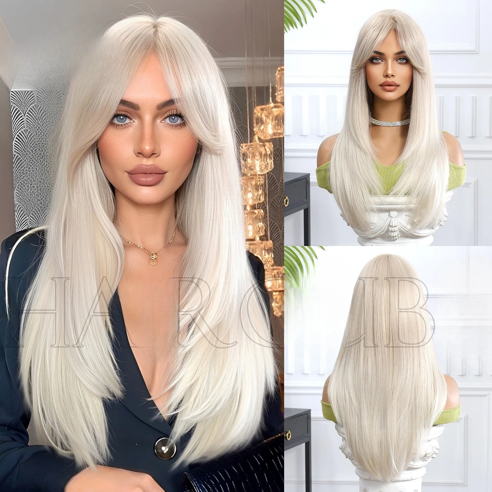 

Wig gradual change long straight hair European and American high-level eight-character bangs white gold wig headgear women's new