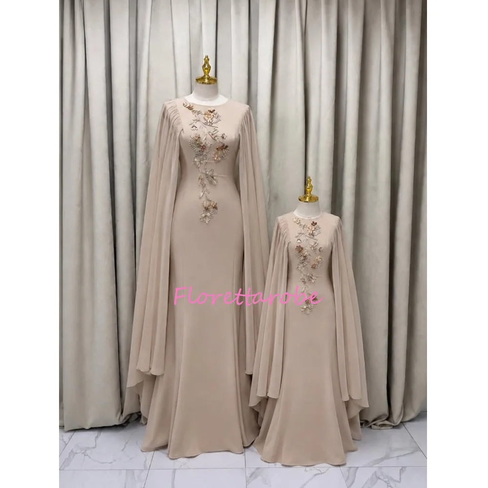 Elegant O-Neck Appliquins Beads Sequins Straight Evening Dresses Modest Full Sleeves Chiffon Prom Gowns Customized