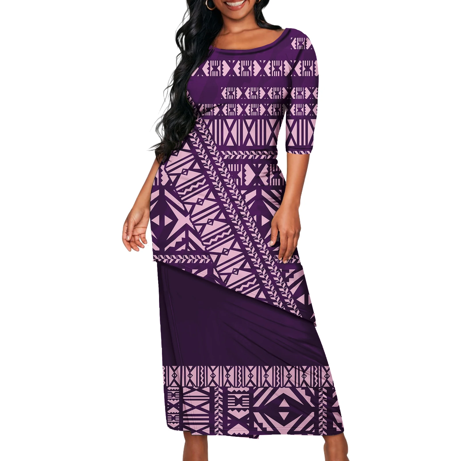 Saia de Terno Feminina Elegante com Design Exclusivo de Barra Inclinada para Baixo, Padrão Personalizado, Ajustada e de Camada Dupla, Estilo Puletasi Polinésio