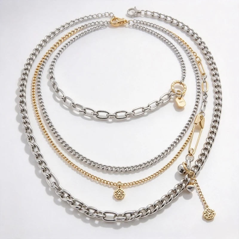 Two tone alloy double-layer mixed chain necklace, retro punk Gothic style, with safety needle and hollow floral symbol, asymmetrical stackable statement neck jewelry, unisex neck accessories, daily clothing, streetwear, parties