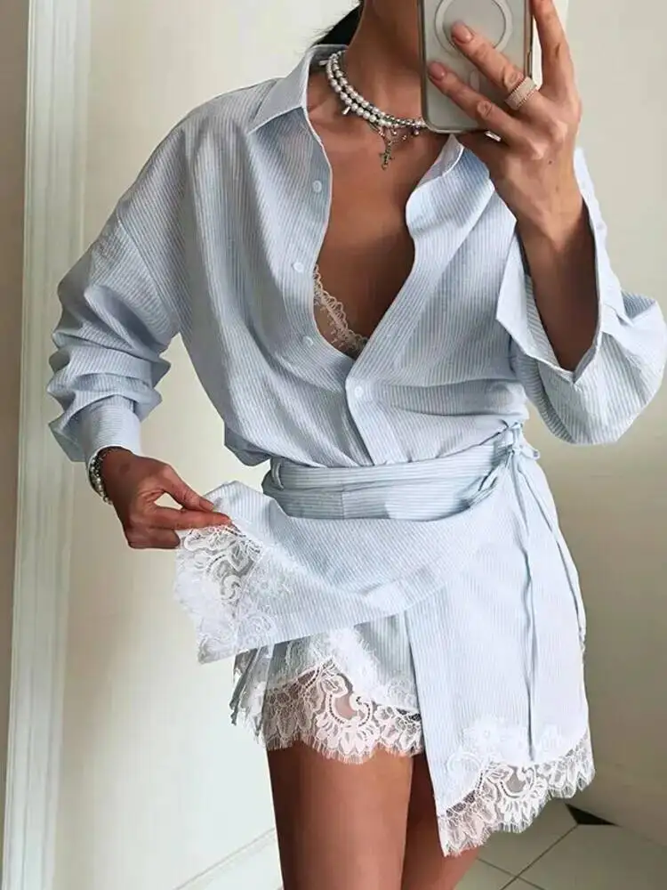 Casual Turn-Down Collar Striped Versatile Shirt + Short Wrap Lace Two-Piece 2026 Summer Women's Matching Set New 23ZIQF1